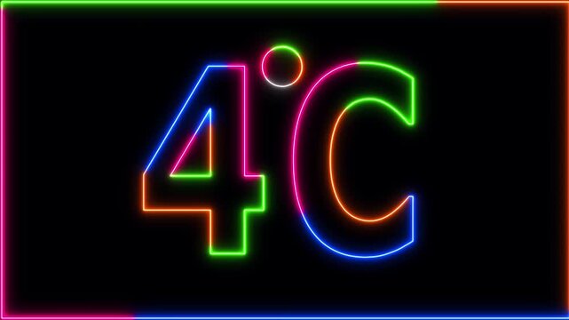 Neon 4&deg;C temperature display showing on black background. Weather temperature displays by degree, climate change, Scientific designs.