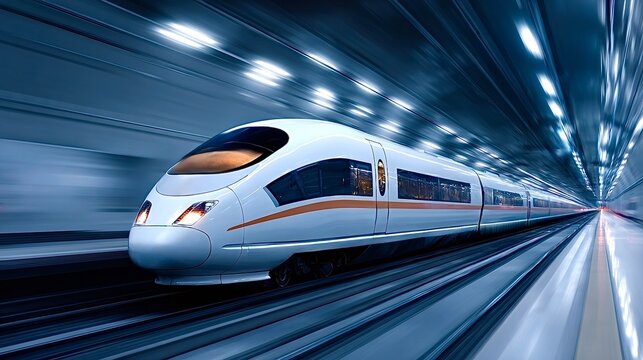 High speed passenger train traveling through modern tunnel