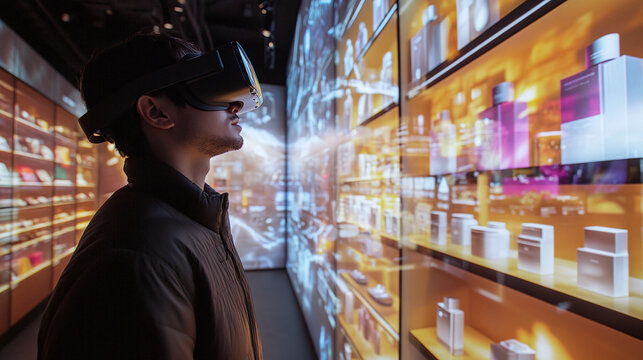 A customer receiving a virtual reality (VR) experience in a cutting-edge retail store, where they explore products in an immersive, digital environment that feels personalized to them.