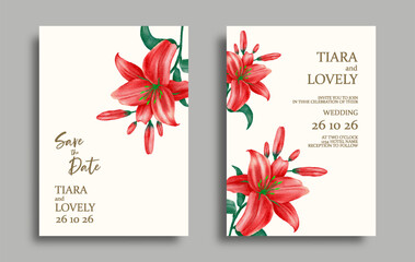 wedding invitation card with red lily flower water color design