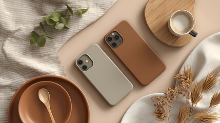 Earth-tone flatlay with phone cases and gadgets on soft grid layout