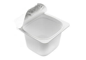 An empty white yogurt cup with a foil lid slightly open isolated on transparent background