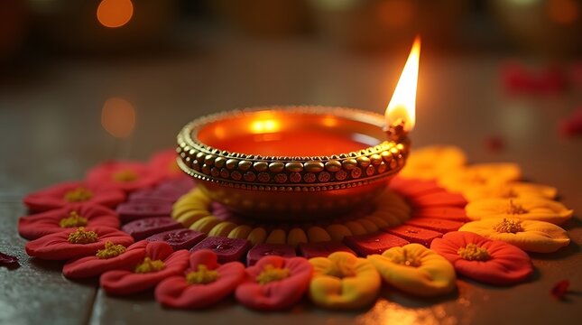 Golden Diwali oil lamp radiates warmth and peace surrounded by colorful flower decorations for a festive celebration
