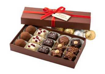 Assorted chocolates in a gift box with happy holidays tag isolated on transparent background