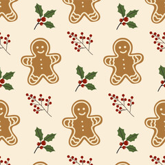 Pattern featuring gingerbread cookies and holly leaves on a light background perfect for holiday decorations or crafts