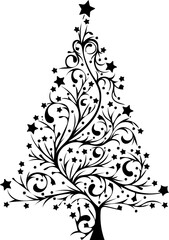 Elegant Black Silhouette Christmas Tree with Star Topper and Decorative Swirls and Stars