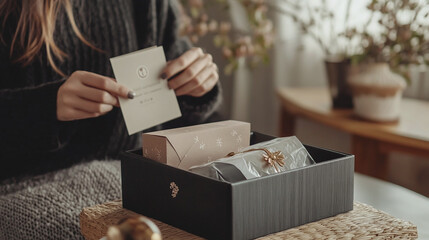 A delighted customer unboxing a luxury product at home, surrounded by premium packaging, with branded tissue paper and an elegant thank-you note inside the box.