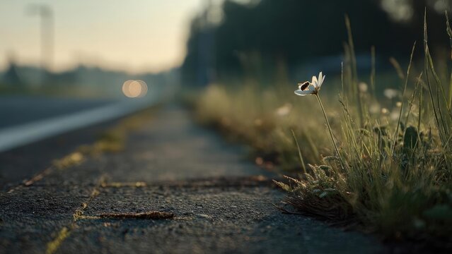 A small white daisy grows from a crack in the pavement beside a road, with a bee resting on its petals as warm sunset light glows. Concept Daisy in crack of pavement, Bee on white petals