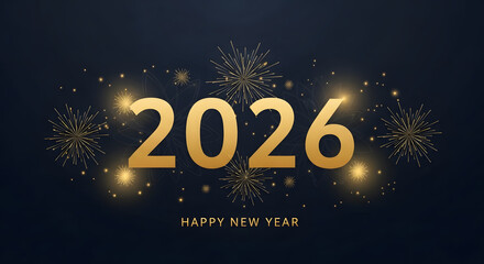 Golden 2026 new year celebration with fireworks and sparkles on dark background