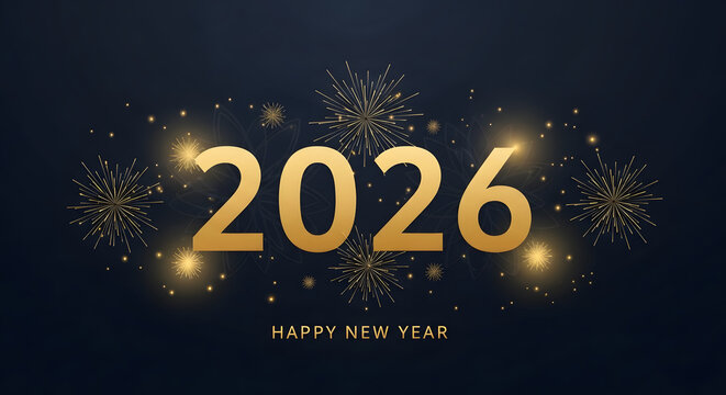 Golden 2026 new year celebration with fireworks and sparkles on dark background - Powered by Adobe