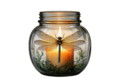 Glass jar with a candle and a dragonfly design isolated on transparent or white background