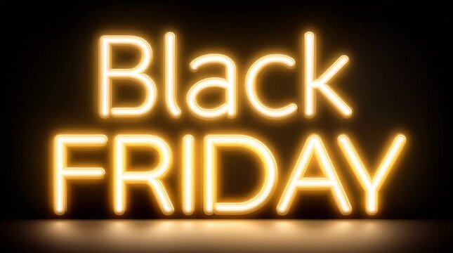 Black Friday neon sign with bright glowing letters on dark background in modern high-contrast style
