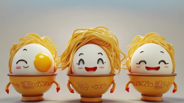 3d cute ramen bowl character noodles as hair Videos