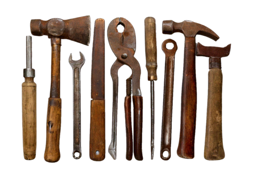 Group of old tools isolated on transparent or white background