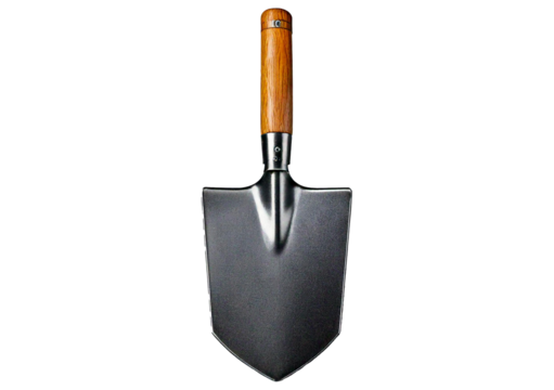 Metal shovel with a wooden handle isolated on transparent or white background