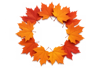 Autumn maple leaves forming a round frame, showing fall season mood and vibrant colors on transparent background