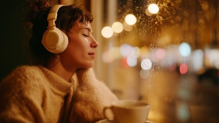 Young woman enjoys peaceful moment with headphones, sitting by a rainy window in a warm, cozy caf?.