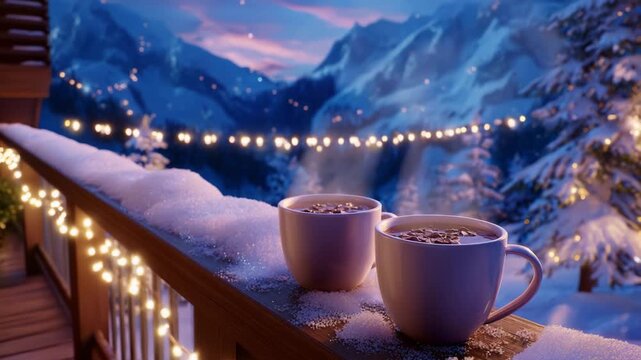 A Cozy Winter Evening with Steaming Cups of Hot Beverage on a Snow-Covered Deck Surrounded by Twinkling Lights and Majestic Snowy Mountains, Perfect for Enjoying Nature's Tranquility