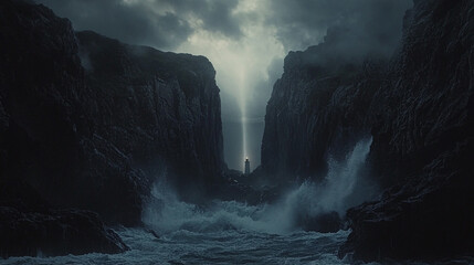 A dramatic view of a lighthouse entrance at dusk, with the beam of light cutting through a stormy sky, waves crashing against jagged rocks below.