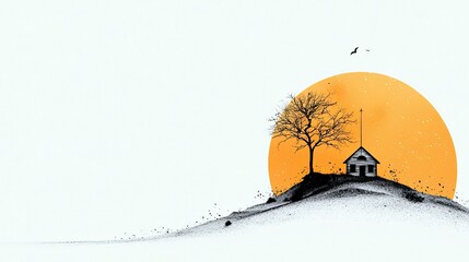 A stark, minimalist landscape features a bare tree and a small, simple house perched on a dark, textured hill, silhouetted against a large, vibrant orange sun.