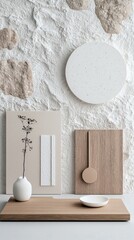 A minimalist arrangement of natural materials including textured stone, wood, and ceramic objects.