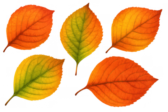 Collection of colorful autumn leaves showcasing seasonal transitions, with detailed veins and a transparent background
