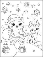 Adorable Santa Cat with Baby Reindeer and Presents. Christmas Coloring Page for Kids and Adults. Bold and Easy printable for children.