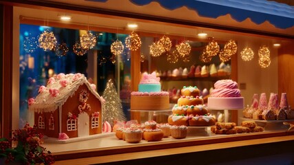 A delightful display of festive desserts lined up in a charming bakery window, showcasing a delectable assortment of cakes, cookies, and confections beautifully decorated for the holiday season.