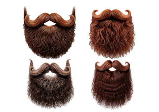 Set Curly stylish beard with mustache isolated on a transparent or white background