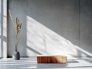 A minimalist interior scene featuring a concrete wall, a wooden block, and dried grass in a vase, with dramatic shadows from natural light.