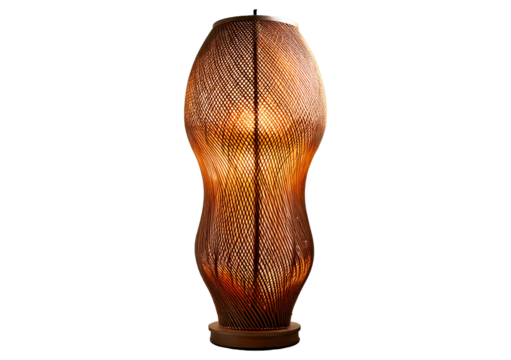 Elegant floor lamp with curved wooden base and woven shade, perfect for modern interiors. isolated on a transparent or white background.