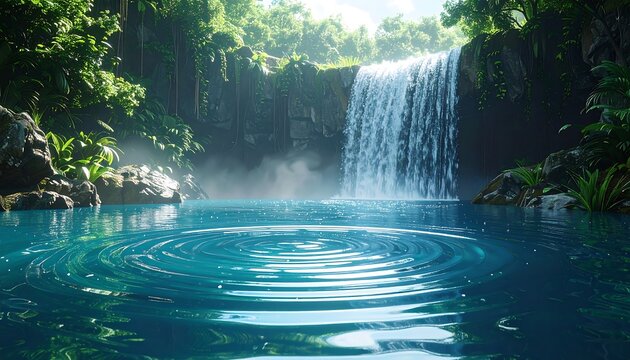 A serene tropical scene featuring a waterfall cascading into a crystal-clear, blue pool. Lush green foliage surrounds. Sunlight
