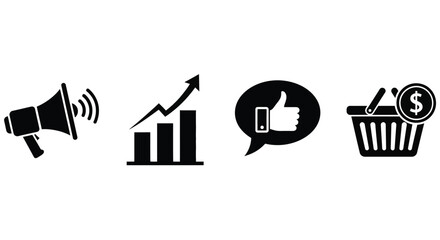 Marketing icons representing promotion, growth, positive feedback, and shopping