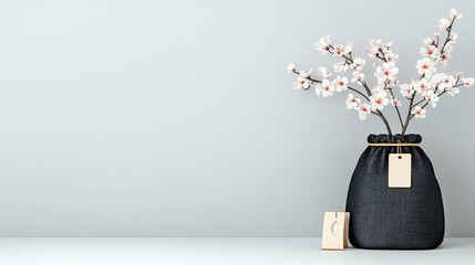 A dark fabric vase filled with white cherry blossoms sits on a white surface next to two gift tags, with a pale blue background.