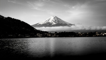 Fototapeta premium A dramatic black and white landscape of snow-capped Mount Fuji, partially shrouded in mist, reflected over a calm lake near a distant town.