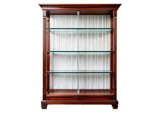 Elegant wooden display cabinet for home decor contemporary living room glass shelves. isolated on a transparent or white background.