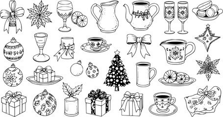 Detailed Hand-drawn Christmas  Winter Holiday Elements Collection. Black  White Outline Vector Set of Festive Ornaments, Gifts, Food, Drinks, and Decorations.