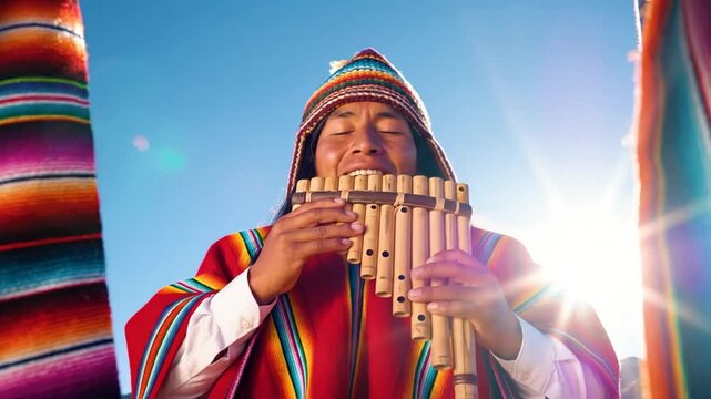 Indigenous man plays traditional pan flute, vibrant colors evoke cultural richness, clear blue sky suggests serene atmosphere, cultural heritage celebration