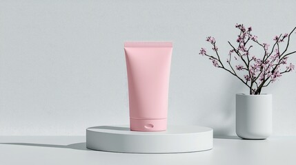 A clean and elegant product display featuring a pink tube of cream or lotion on a white cylindrical stand, next to a white vase holding branches with small pink