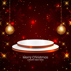 Merry Christmas red color glitters background with podium for product display