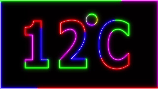 Neon 12&deg;C temperature display showing on black background. Weather temperature displays by degree, climate change, Scientific designs.