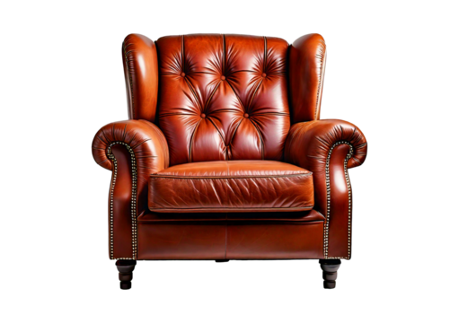 Luxurious brown leather recliner chair with plush cushioning and adjustable footrest, isolated on a transparent or white background.