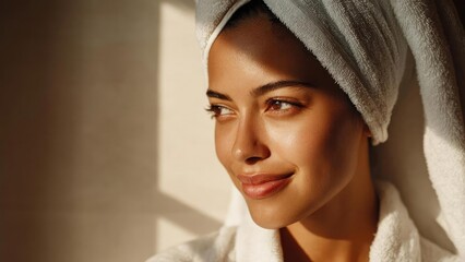 A woman with a towel wrapped around her head, bathed in warm sunlight, wearing a soft smile. Concept Sunlit Portrait, Towel Headwrap, Golden Hour Glow, Soft Smile, Self-care Spa Vibe