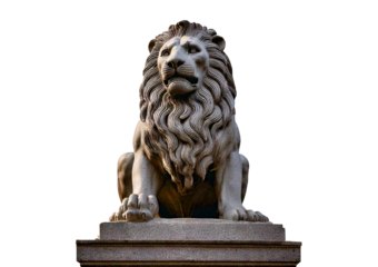 Majestic stone lion statue sitting proudly on a pedestal isolated on a transparent or white background.