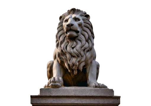 Majestic stone lion statue sitting proudly on a pedestal isolated on a transparent or white background. - Powered by Adobe