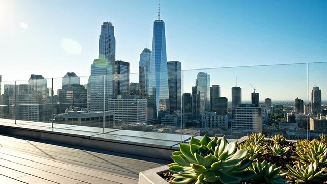 Modern skyline against clear sky, urban rooftop garden with succulents, sunny day in a bustling cityscape - Powered by Adobe