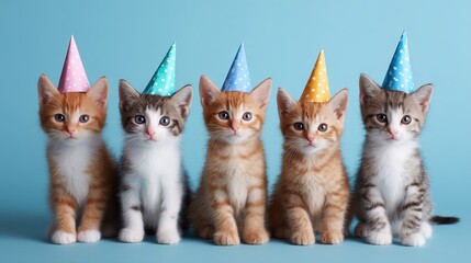 Five cute kittens in colorful party hats, sitting against a blue background, create a festive and joyful atmosphere.