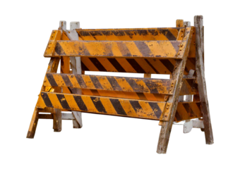 Old construction striped barricades isolated on a transparent or white background