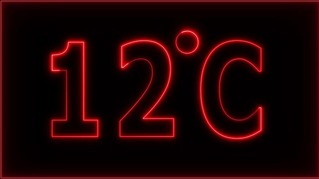 Neon 12&deg;C temperature display showing on black background. Weather temperature displays by degree, climate change, Scientific designs.