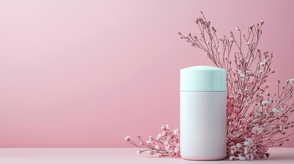 A white cylindrical container with a light blue lid sits beside a delicate cluster of pink flowers on a pink surface.